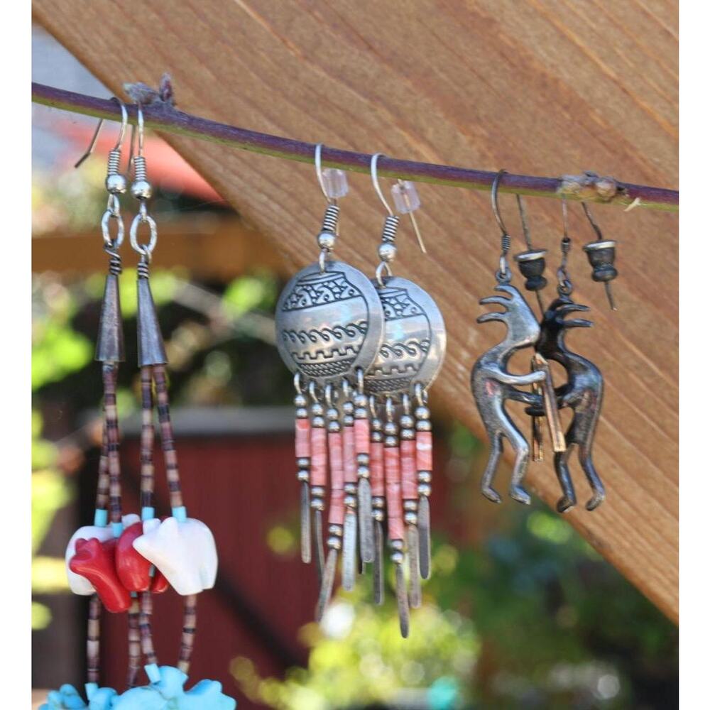 Pottery Dangle Earrings with Coral Heishi and Silver Fringe | Vintage Sterling